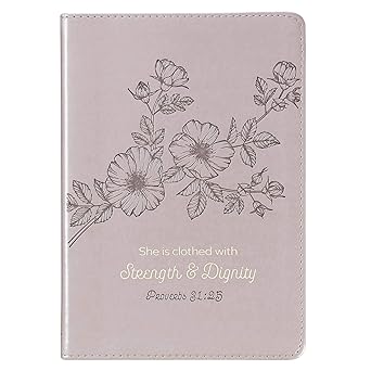 Christian Art Gifts Classic Journal Strength and Dignity Proverbs 31 Woman Bible Verse, Inspirational Scripture Notebook, Ribbon Marker, Gray Faux Leather Flexcover, 336 Ruled Pages