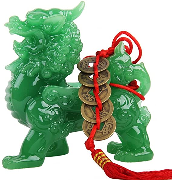 Wenmily Feng Shui Green Pi Yao/Pi Xiu Wealth Porsperity Statue   Free Prosperity Protection Set of 5 Lucky Charm Ancient Coins on Red String,Feng Shui Decor