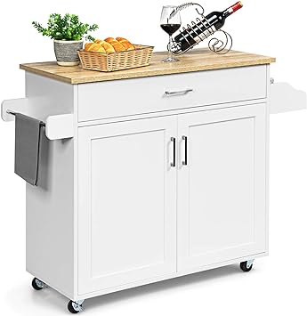 COSTWAY Kitchen Storage Trolley, Rolling Kitchen Island with Adjustable Shelf and Large Drawer, Home Restaurant Dining Room Organiser Sideboard Cupboard Cabinet Cart, 116 x 40 x 85cm (White)