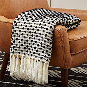 Rivet Bubble Textured Lightweight Decorative Fringe Throw Blanket, 48"W x 60"L, Black and Cream