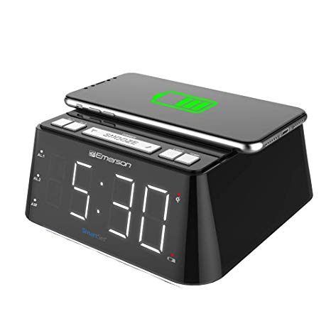 Emerson ER100104 Smartset Alarm Clock with 1.2" White LED Night Light Wireless Charging USB Charge Out and Temperature Detector