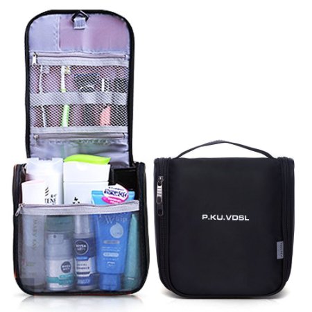 P.KU.VDSL® Hanging Toiletry Bag Multifunction Waterproof Travel Storage Makeup Cosmetic Bag Beauty Kit Tour Case For Men or Women (Black)