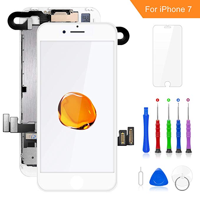 FLYLINKTECH Screen Replacement for iPhone 7 White LCD Display Digitizer Touch Screen Screen Assembly with Front Facing Camera Proximity Sensor Ear Speaker Full Repair Tool