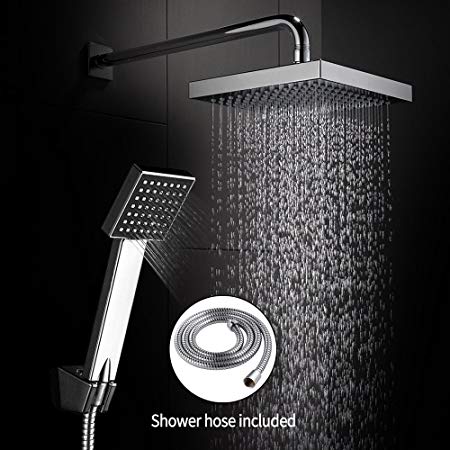 Porsc Shower Head Rainfall with Handheld Hose Shower Combo Wall Mount High Pressure Rainfall Massage 8 Inch Square Shower Head Handheld Separately or Together Chrome