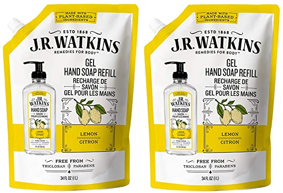 Jr Watkins Liquid Hand Soap Refill Pouch, Lemon, 2 Pack, Scented Liquid Hand Wash for bathroom or  Kitchen, Usa Made and Cruelty Free, 34 fl Oz