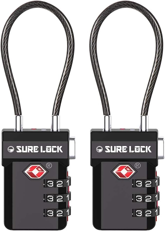 SURE LOCK TSA Approved Luggage Locks, Open Alert, Easy Read Dials, Travel Luggage Locks for Suitcase, Baggage Locks, BLACK 2 PACK, One_Size