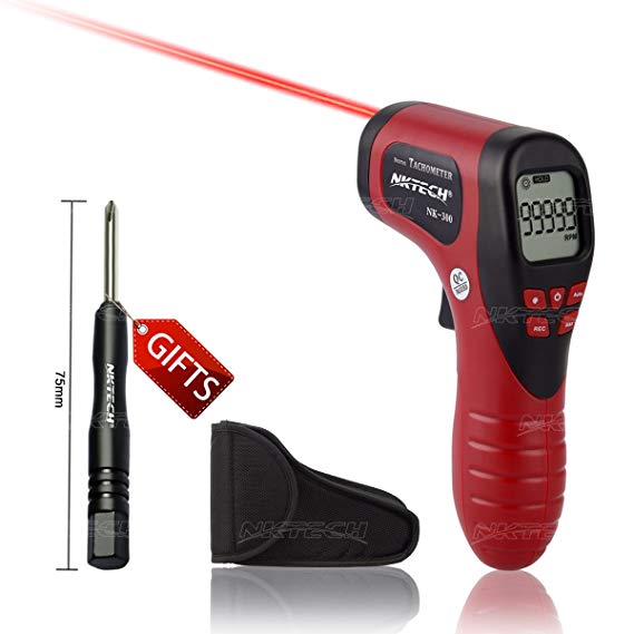 NKTECH NK-300 Laser Photo Digital Tachometer Non-Contact Gun Measure Range 2.5-99999 RPM Automatic/Manual Tool LCD Backlit Data Hold Meter Gauge Tester (Red)