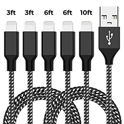 5 Pack iPhone Charger Lightning Cable Durable Fast Speed Data Transmission Charging Cable Compatible with iPhone Xs/XS Max/XR/X/8/8 Plus/7 Plus /7 /6s Plus /6s /6 Plus /6/5-Black(10ft/6ft/3ft)