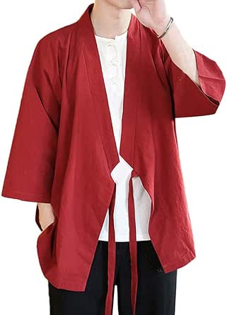 Men's Chinese Hanfu Style Cardigan Wrap Loose Kimono Jacket 3/4 Sleeve Casual Shirt Lightweight Wing Chun Kung Fu Clothes Top