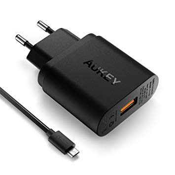 Aukey PA-U28 Qualcomm Certified 18W Single Port USB Turbo Wall Charger with 3.3ft Quick Charge USB Cable for Android Smartphones, Black