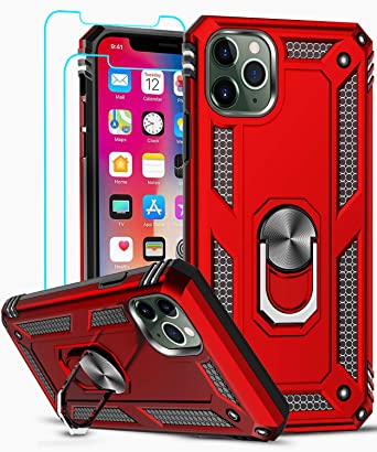 iPhone 11 Pro Max Case, iPhone 11 ProMax Case with Tempered Glass Screen Protector [2 Pack], LeYi [Military-Grade] Phone Case Cover with Ring Kickstand for Apple iPhone 11 Pro Max 6.5 inch, Red