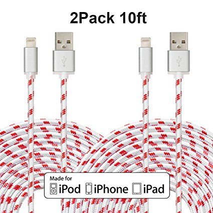[2 pack 10ft] Antopdirect Nylon Braided Sync and Charge Lightning to USB Cable (Red in white)