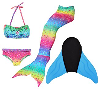 BESTYLING 4PCS Girls Mermaid Tail Swimsuit with Monofin, Cosplay Costume Sparkle Swimwear
