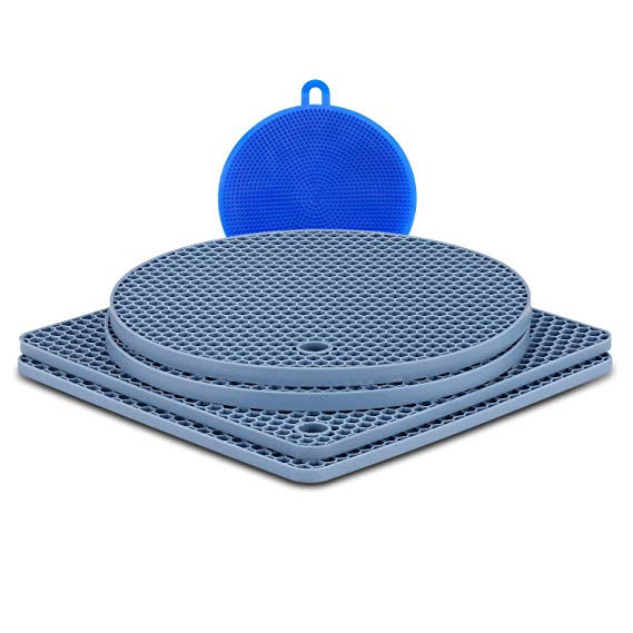 Silicone Trivet Mats Hot Pot Holders and Silicone Trivets Multipurpose Hot Trivets Heat Insulated Pads Round Cup Coasters & Pans Mat with Brush, Heat Resistant to 446°F, Non-slip durable flexible
