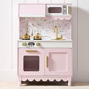 Best Choice Products Wooden Pretend Play Cottage Kitchen Kids Toy w/Storage, Scalloped Edge, 5 Accessories, Microwave, Oven, Clicking Knobs - Pink