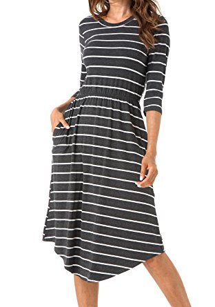 Levaca Women's 3/4 Sleeve Elastic Waist Pockets Swing Casual Flare Midi Dress