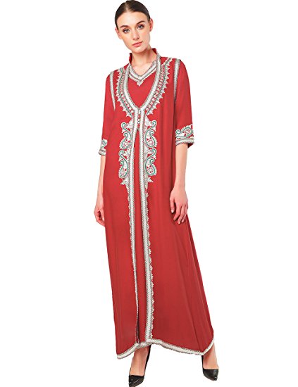 Baya Muslim Kaftan Dubai Half Sleeve Dress With Embroidery For Women Islamic Clothing Gown Abaya For Girls 2pcs