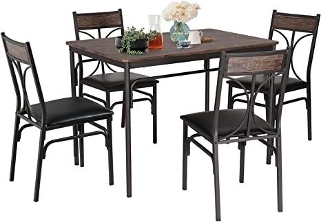 VECELO 5 Piece Kitchen Table Set for Dining Room,Dinette,Breakfast Nook,Industrial Style, 4, Dark BRN