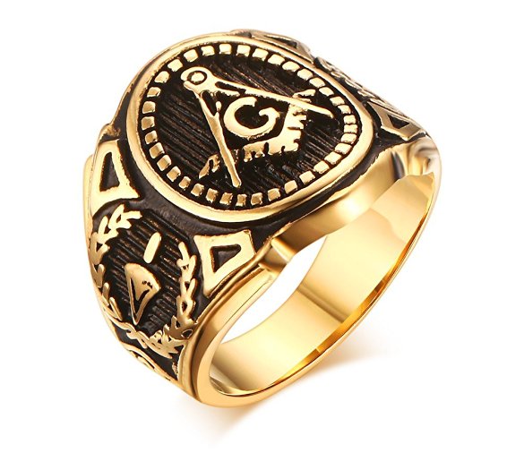 Stainless Steel Gold Plated Vintage Freemason Symbol Masonic Rings Bands for Men