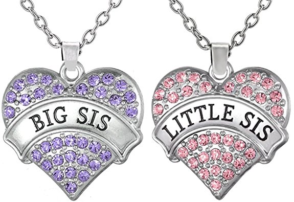 Set of 2 Big Sis Purple, Little Sis Pink Crystal Heart Necklace Gift Set for Sisters Best Friends, Besties, BFF