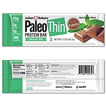 Julian Bakery Paleo Thin Protein Bar | Chocolate Mint | Grass-Fed Beef | 20g Protein | 2 Net Carbs | 10 Bars