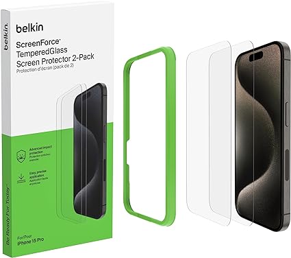 Belkin ScreenForce TemperedGlass Screen Protector for iPhone 15 Pro, Crystal Clear, Scratch-Resistant, Full Screen Coverage, Easy Align Frame for Bubble Free Application, 2-Pack- Amazon Exclusive