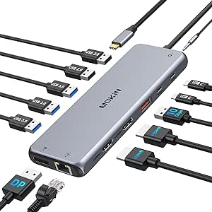 MOKiN Station d'accueil USB C [13 en 1] USB HUB Support Triple Display Hub 100WPD Dual 4K 2*HDMI DP 10Gbps/6*ports USB & RJ45 et prise audio 3,5 mm compatible avec MacOS/Dell/HP/ASUS/Lenovo/Surface