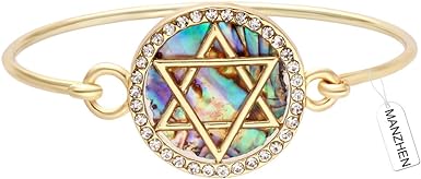 MANZHEN Jewish Charm Star of David Abalone Shell Wire Openable Crystal Bangle Bracelet