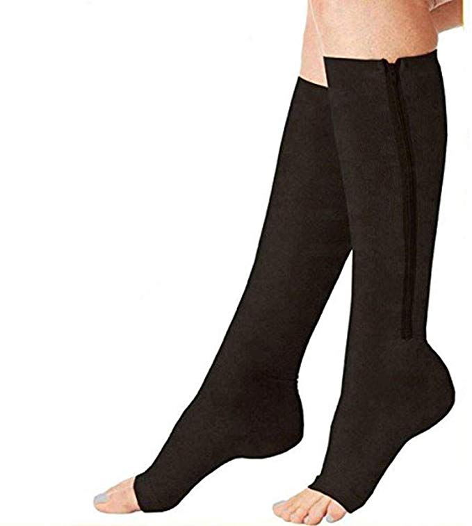 Zipper Compression Socks (2 pairs) with Open Toe Best Support Zipper Stocking for Edema, Swollen, Nurses, Pregnancy, Recovery