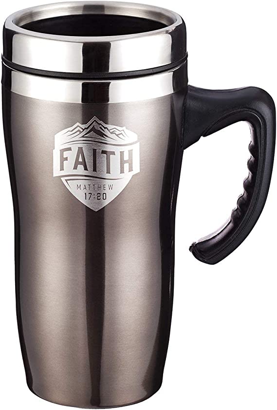 Faith Mathew 17:20 Brown Travel Coffee Mug with Lid and Handle for Everyday Use (16 Oz Stainless Steel Double-Wall Vacuum Insulated Cup) …