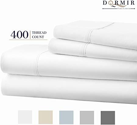 Dormir 400 Thread Count 100% Cotton Sheet White Cal-King Sheets Set, 4-Piece Long-Staple Combed Cotton Best Sheets for Bed, Breathable, Soft & Silky Sateen Weave Fits Mattress Upto 18'' Deep Pocket