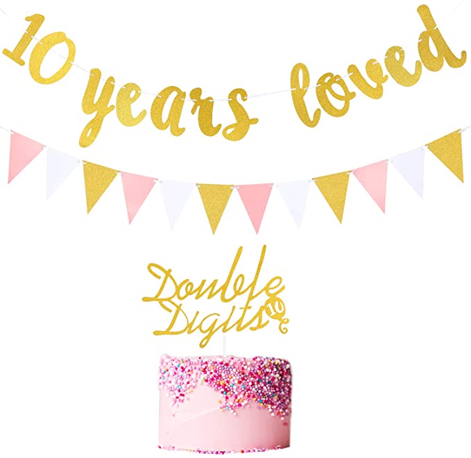 Zonon 2 Pieces 10 Years Loved Banner Decoration Glitter Triangle Flag Bunting Pennant Banner with Double Digits Design Birthday Cupcake Topper for Birthday Party Decoration Supplies