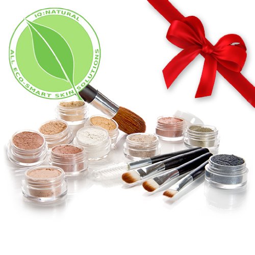 Mineral Makeup Samples Set with 5 piece Black Brush Kit. "MEDIUM" Shade Natural Makeup. IQ Natural make up brand.
