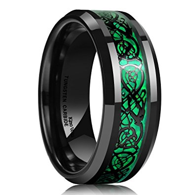 King Will DRAGON Men's 8mm Green Carbon Fiber Black Celtic Dragon Tungsten Carbide Ring Comfort Fit Wedding Band