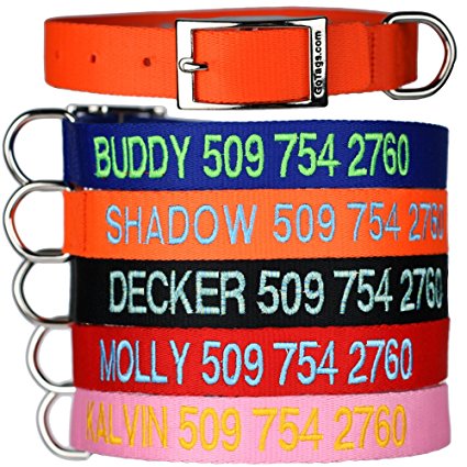 Custom Embroidered - Tough Nylon Dog Collar with Stainless Steel Metal Buckle. Personalized with Pet Name and Phone Number.