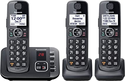 Panasonic DECT 6.0 Expandable Cordless Phone System with Answering Machine and Call Blocking - 3 Handsets - KX-TGE633M (Metallic Black)