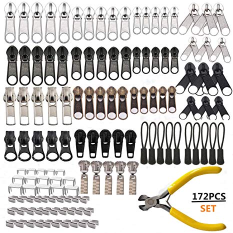 172 Pcs Zipper Replacement Zipper Repair Kit Zipper Rescue Kit with Zipper Install Pliers Tools and Clear Storage Container for Clothing Bags Jackets Luggages Tents
