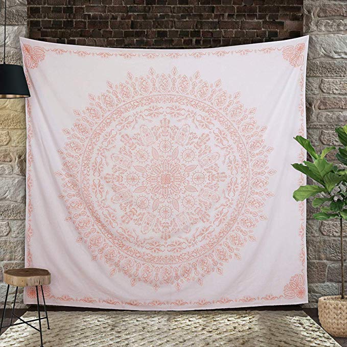 Madhu International Mandala Tapestry Wall Hanging Bohemian Hippie Tapestries Indian Cotton Bedspread (Rose Gold, Queen(84x90Inches)(215x230cms))