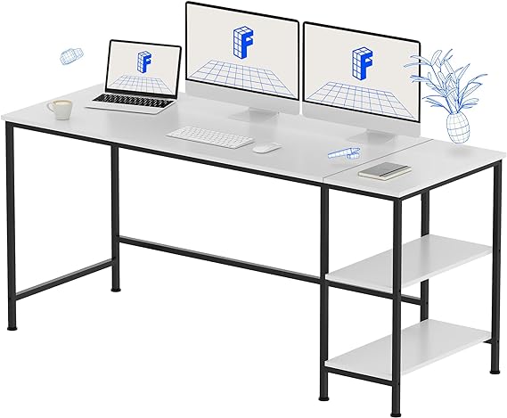 FLEXISPOT 63 inch Computer Desk with Reversible Storage Shelves Home Office Desk Workstation Wood Table Metal Frame Study Writing Table, White