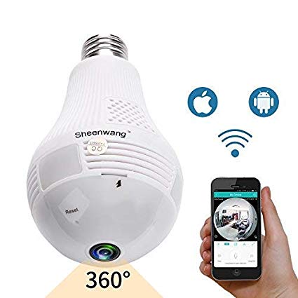 Sheenwang Light Bulb Camera, Wireless Security Lamp Camera, Upgrade HD WiFi Panoramic Camera Bulb with Night Vision, iOS (iCSee) and Android (AnySee) App Remote Control for Home Security