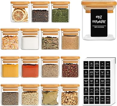 ComSaf 16 Pcs Glass Spice Jars with Bamboo Lids, 4oz/120ml Square Glass Storage Jars with 275 Black Lables, Airtight Spice Jars with Lids, Glass Container for Spice, Salt, Sugar, Seeds, Nuts etc