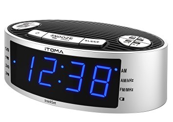 Blue LED Alarm Clock Radio with AM FM, Dual Alarm, Auto Time and Date Setting, Sleep Timer, Battery Backup (CKS3301 from iTOMA)
