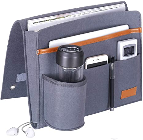 Telaero Bedside Caddy, Bed Storage Organizer with 5 Pockets, Remote Control Magazine Phone Tablet Glasses Holder for Home Dorm Sofa Desk