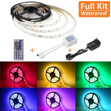 LE 12V Waterproof RGB LED Strip Light Kit, Colour Changing, 150 Units 5050 LEDs , Remote Controller and Power Adaptor Included, LED Tape, Pack of 16.4ft/5m