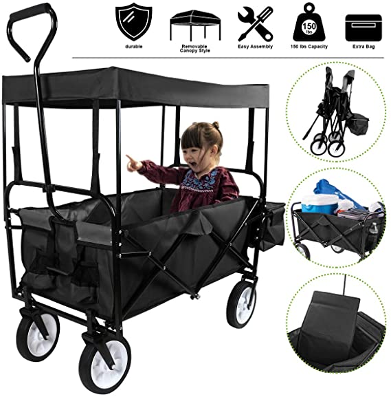 Flex HQ Collapsible Outdoor Utility Lightweight Wagon Cart with Top Canopy with New and Improved Extra Padding Black