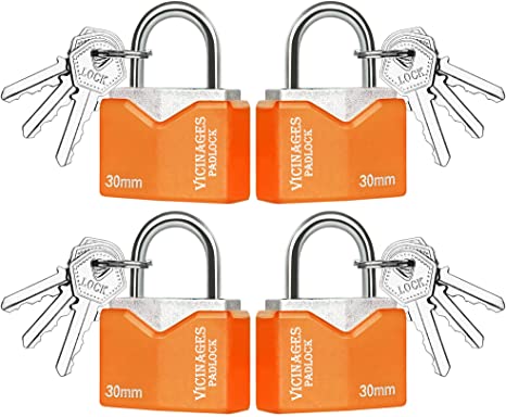 4 Pack Padlock Covered Aluminum Small Lock with Key Wide Locks Body, Keyed Different Padlocks for Hasp Latch, Sheds,Storage Locker, School, Gym
