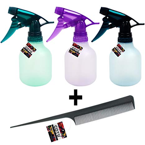 COTU (R) Contemporary Empty Spray Bottle 8 oz. Frosted Pastel Assorted Colors (3 pack) and COTU Hair Comb (1 pack) Combo Bundle