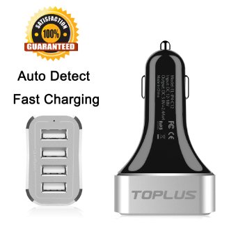 Toplus 96A  48W 4-Port Fast Car Charger with Intelligent Technology USB Ports for iPhone iPod iPad Samsung Galaxy Edge Note Nexus HTC Motorola and More
