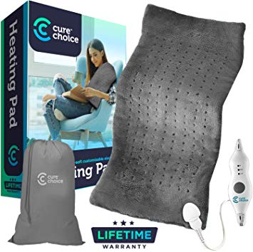 Cure Choice Large Electric Heating Pad for Back Pain Relief   Storage Pouch, Ultra Soft 12"x24" Heating pad for Muscle Cramps – Heated Pad with Adjustable Temperature Settings, Safe Auto Shut (Gray)