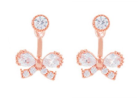 925 Sterling Silver Butterfly Bow Tie Zircon Ear Ring Jacket Fashion Stud Earring Front Back Double Used (Rose Gold)